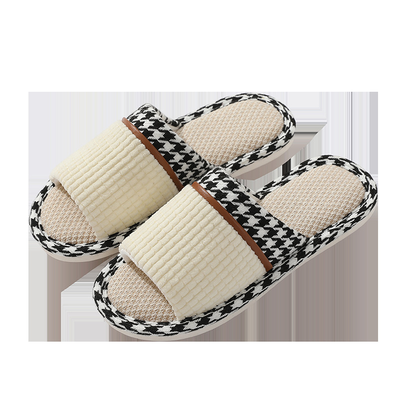 Internet Celebrity Linen Slippers Women's Indoor Chessboard Plaid Four Seasons Couple Thick Bottom Non-Slip Office Diablement Fort Slippers Men