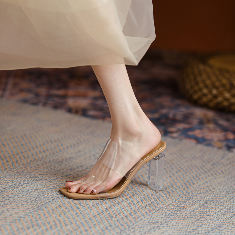 现货透明凉拖鞋女外穿新款简约高跟一字式方头露趾网红水晶女凉拖