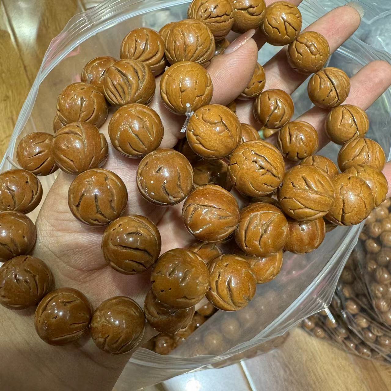 约15mm手持佛念珠手串秦岭龙纹文玩桃核打磨正圆抛光精选光珠diy