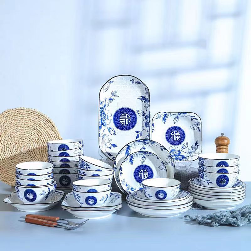 ceramic bowl plate household rice bowl plate dishes square plate fish plate traditional chinese tableware