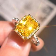 新款欧美奢华镶嵌黄钻双色戒指 经典公主方形粉水晶开口订婚女戒
