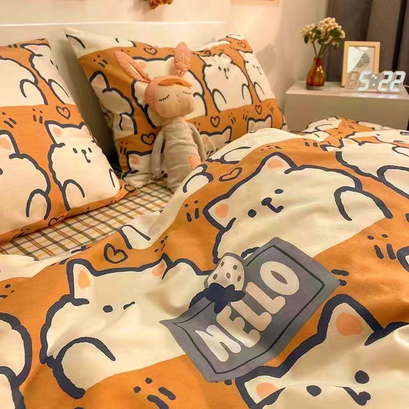 Cartoon Cat Plaid Four-Piece Set Washed Cotton Quilt Cover Beddings Quilt Cover Bed Sheet Student Dormitory Three-Piece Set