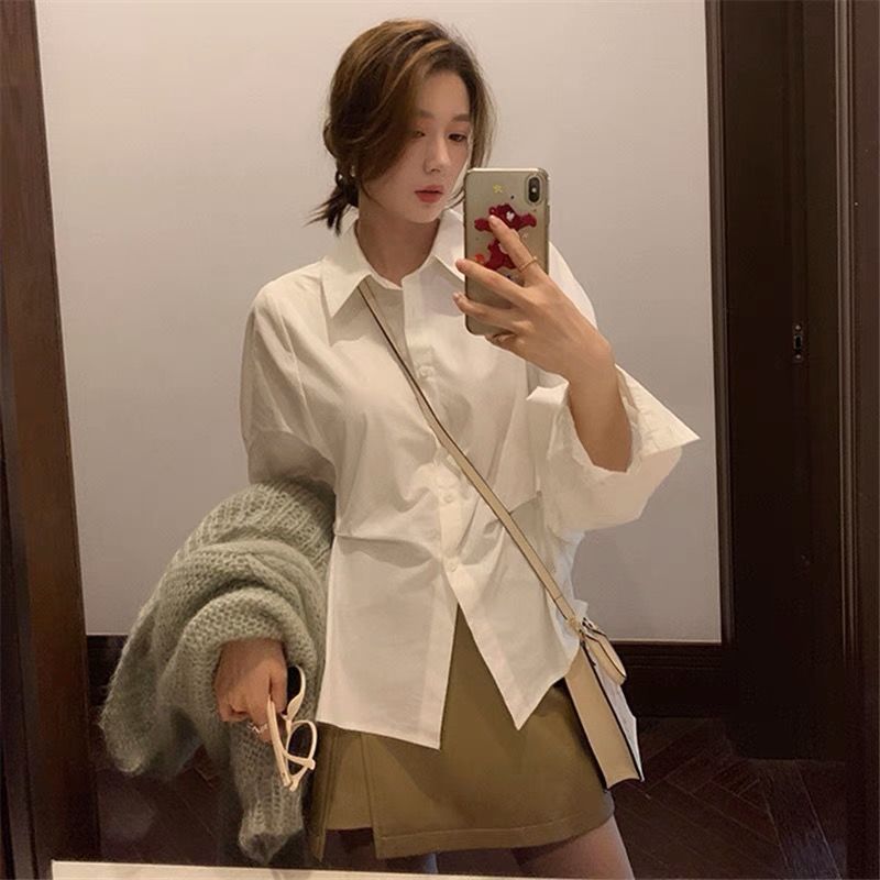 白色衬衫女内搭宽松衬衣收腰捏褶法式白玛小众设计感长袖衬衫女