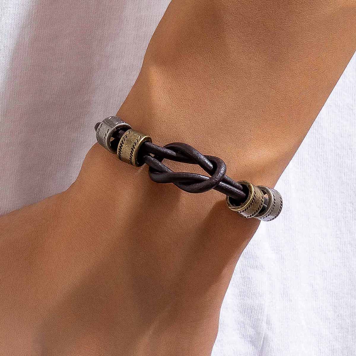 European Hip Hop Personality Leather Ring Bracelet Men's Simple Fashion High Sense Retro Knotted Bracelet Men Ornament
