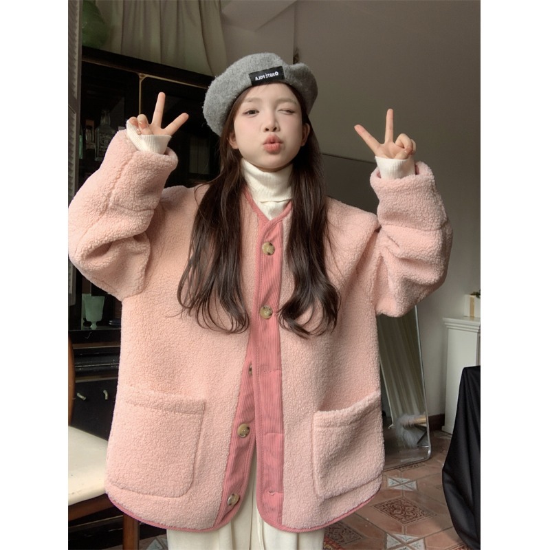 粉色仿羊羔毛拼接外套女冬季2023新款宽松中长版加绒加厚显瘦上衣