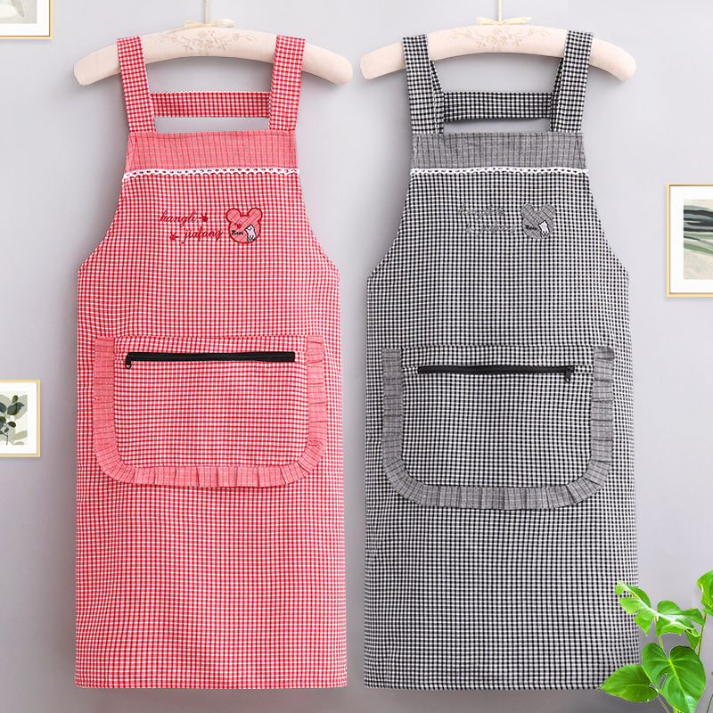 Pure Cotton Breathable Zipper Pocket Household Kitchen Apron Female Cooking Antifouling Strap Apron Work Clothes Overclothes