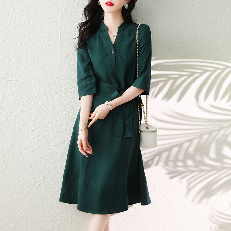 春秋夏季款女装假两件中长款条纹长袖女式连衣裙淑女显瘦气质裙子2023