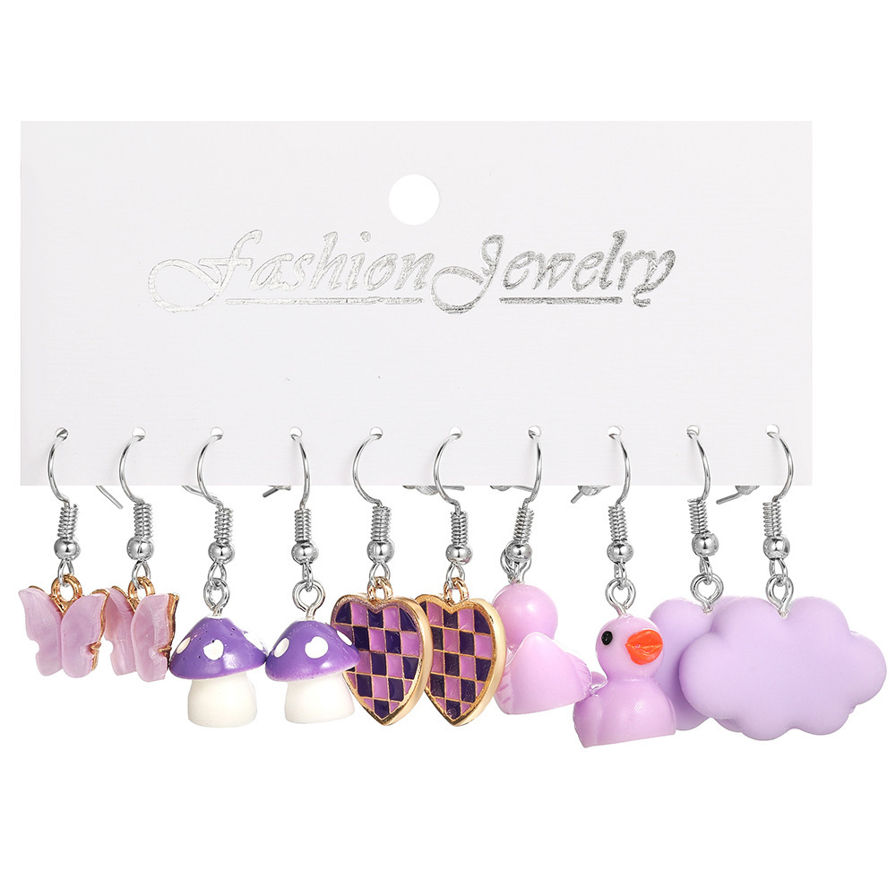 Creative Butterfly Cloud Little Duck Earrings Pendant Drip Glazed Mushroom Earrings Purple Plaid Peach Heart Earrings 5-Piece Set