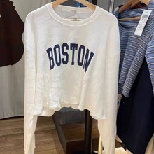 BM风美式华夫格Boston字母印花圆领纯色上衣bm长袖T恤毛边打底衫