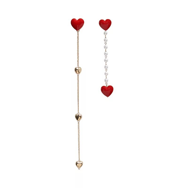 Sterling Silver Needle South Korea Dongdaemun Asymmetric Heart-Shaped Tassel Earrings Female Online Influencer High-Grade Pearl Ear Studs Earrings