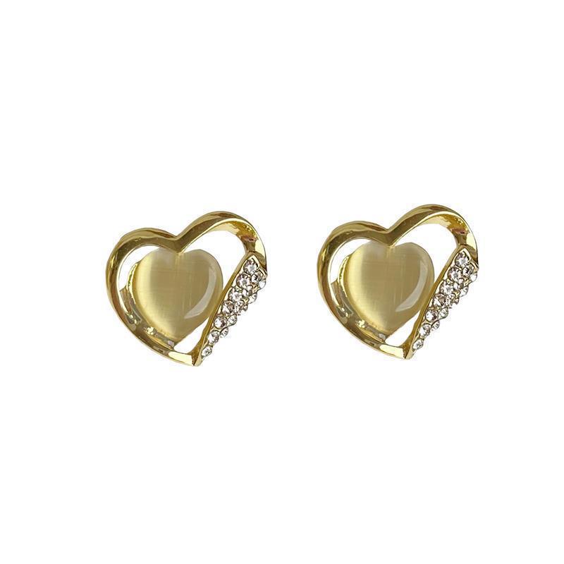 Needle New Heart Shape with Diamond Opal Stone Ear Studs Korean Temperamental Cold Style Simple All-Match Ear Jewelry