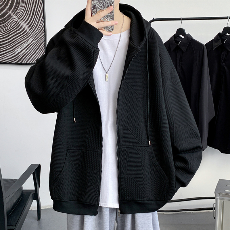 Waffle Sweater Men's 2023 Autumn and Winter New Fashion Brand Loose Youth Top Zipper Hooded Cardigan Coat