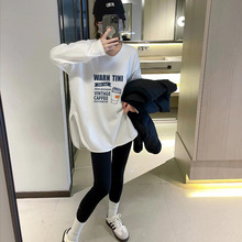白色卡通字母印花德绒t恤长袖女士新款早秋宽松中长款打底衫上衣