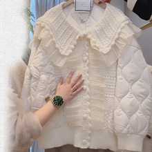 冬装新款超仙甜美百搭减龄娃娃领宽松大码针织拼接棉服上衣女外套
