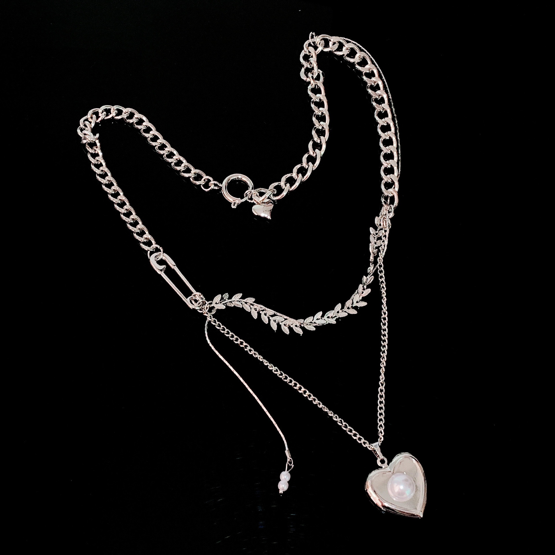 1323日韩麦穗拼接多层长款项圈甜酷嘻哈饰品爱心 可放照片的项链