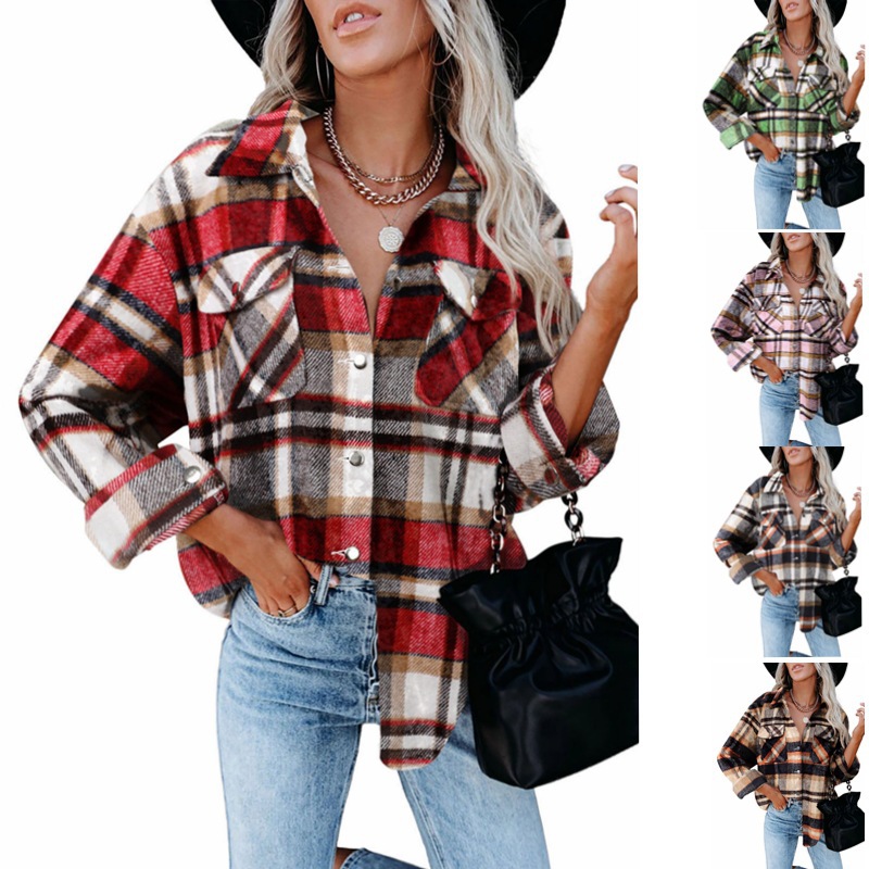 2022 european and american foreign trade cross-border women‘s clothing amazon explosion character shirt woolen button pocket casual shirt