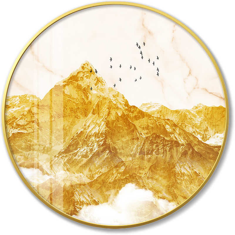 背靠金山圆形山水画装饰画客厅沙发背景墙招财玄关壁画轻奢挂画