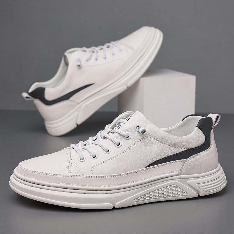 男士皮鞋春季新款2022白色真皮小白鞋透气商务休闲运动软底板鞋男