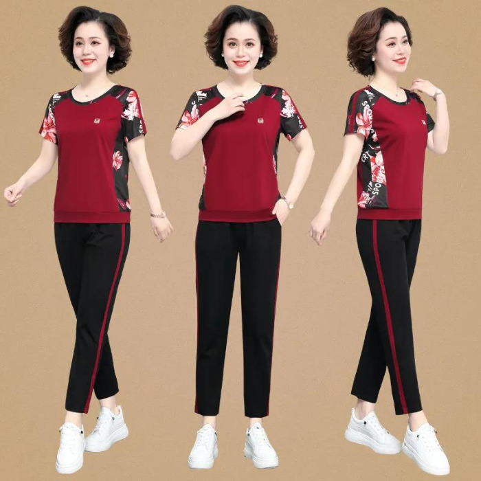 Mother's Day Mom Summer Clothes Middle-Aged and Elderly Women's Clothing 2023 Summer New Casual Fashion Short Sleeve Sportswear Suit