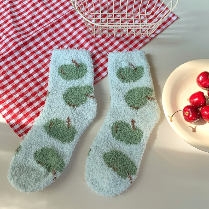 Coral Fleece Socks Female Fruit Mousse Tide Female Middle Tube Socks Winter Thickened Velvet Padded Home Confinement Sleeping Socks