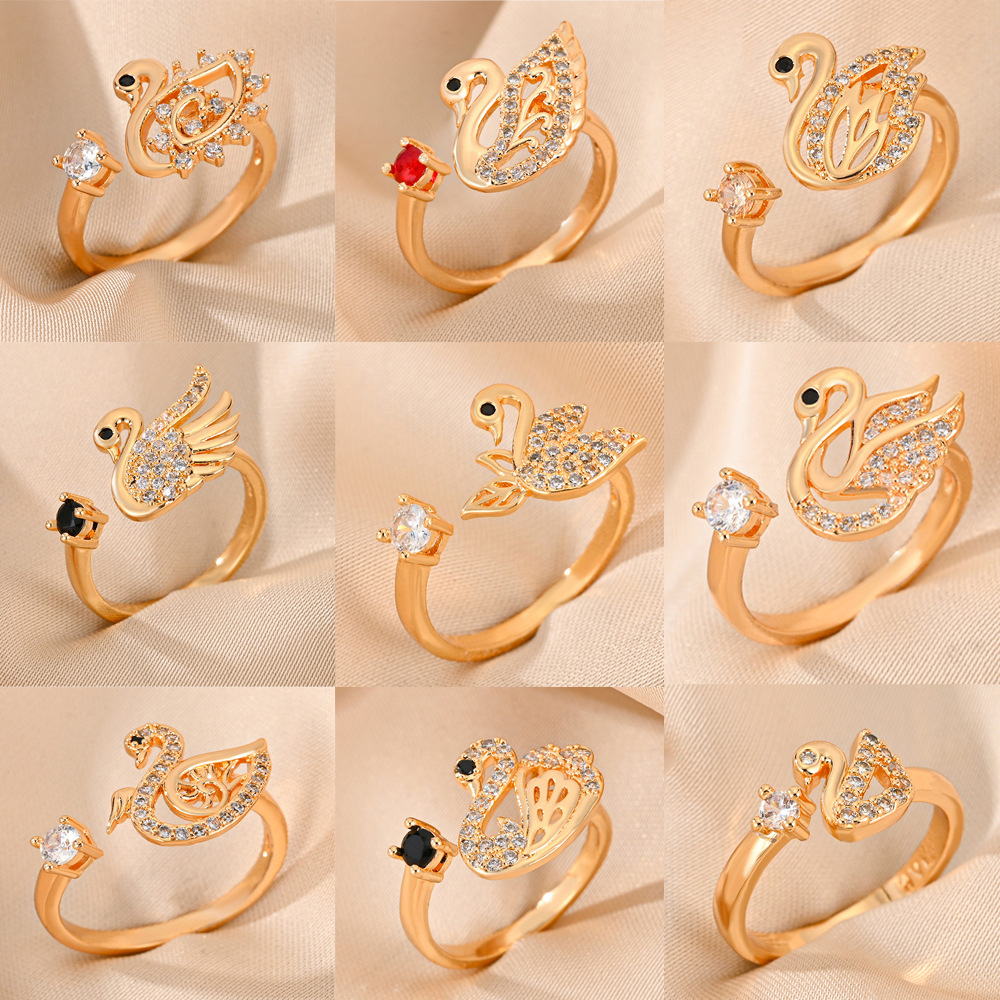 铜镶锆开口戒指首饰女时尚天鹅设计款式2024新款精美跨境流行饰品