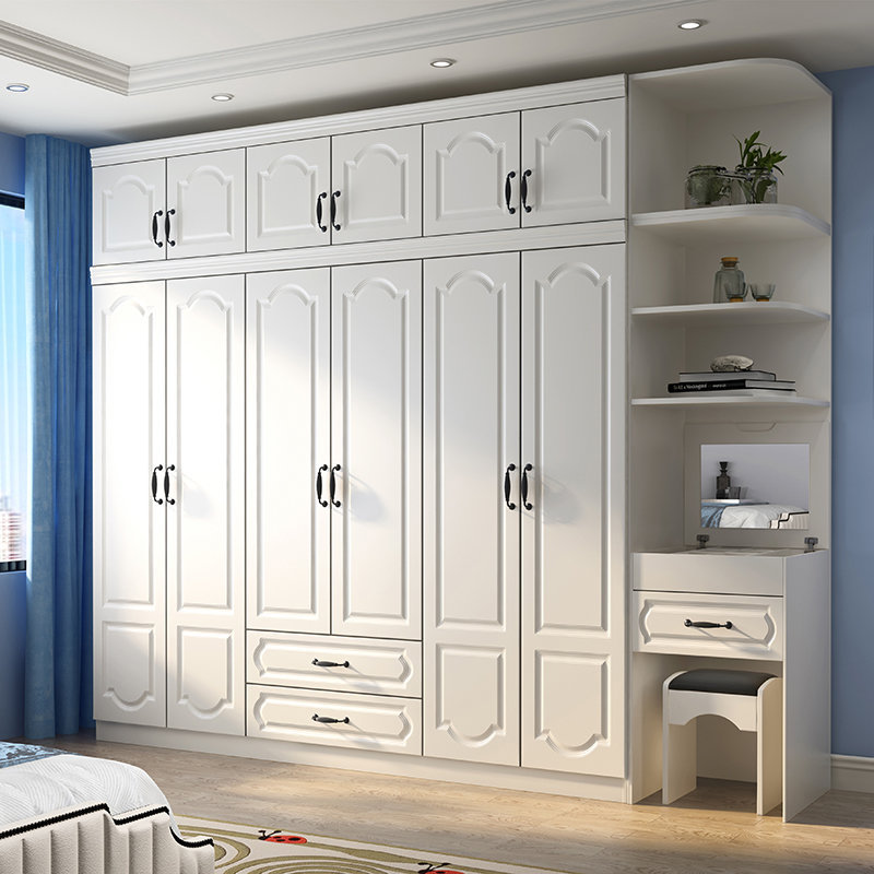 衣柜现代简约家用卧室五六开门衣橱欧式木质带梳妆台抽屉边柜组合