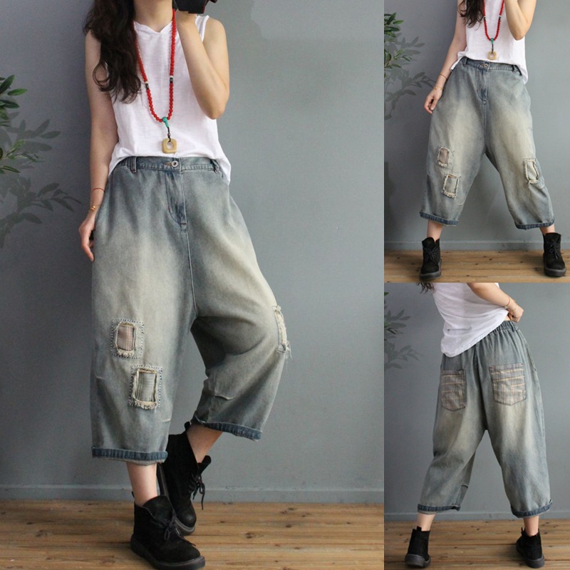 潮流时尚补丁破洞牛仔裤垮裤女 大码文艺宽松显瘦百搭直筒八分裤