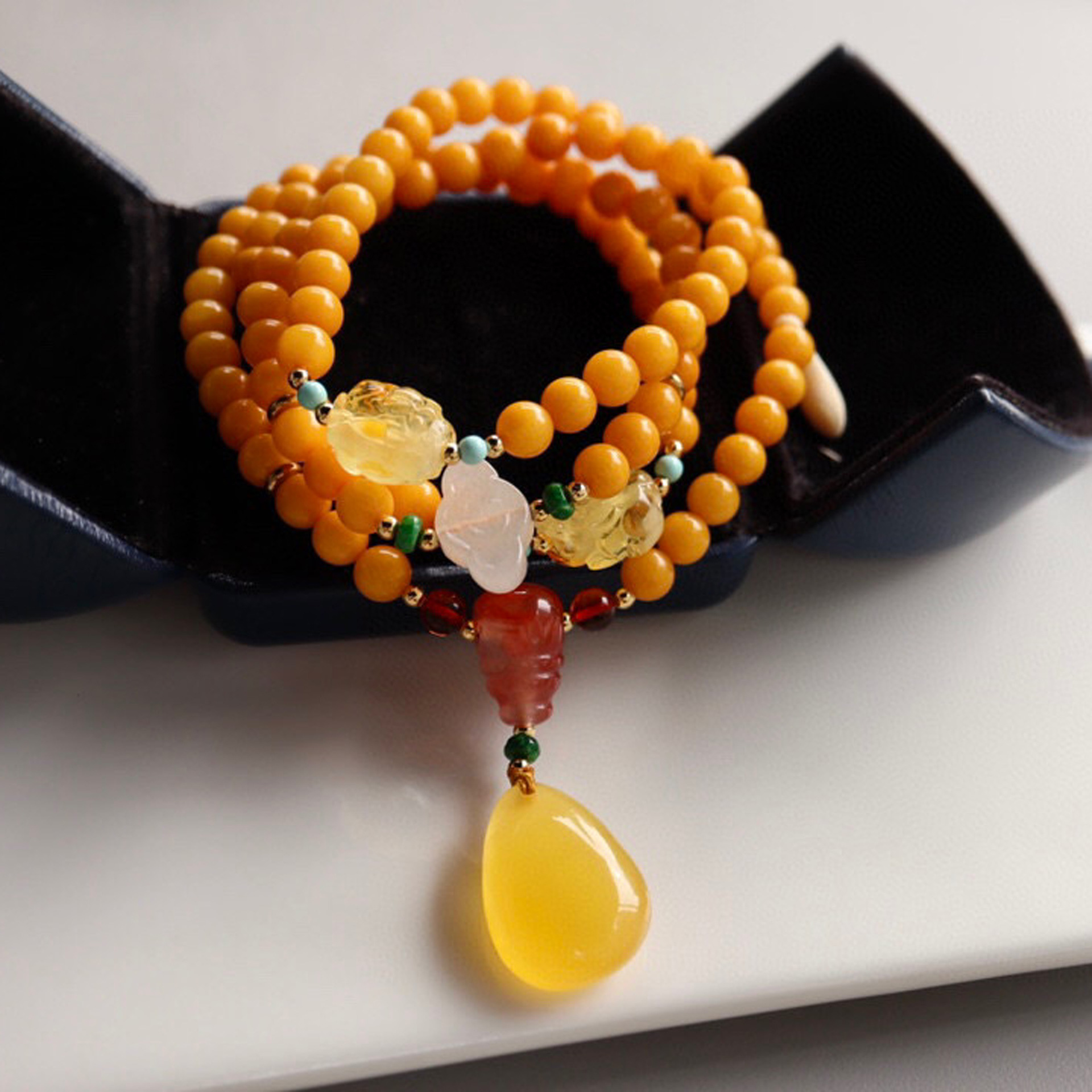 天然蜜蜡6.3mm108佛珠手串项链款满蜜无杂裂diy琥珀多圈女士手链