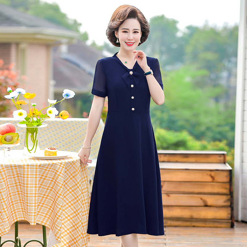 妈妈夏装纯色短袖连衣裙中长款40岁50岁婆婆时尚洋气中长裙热销款