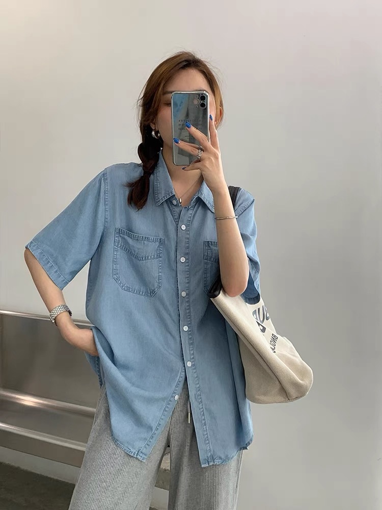 复古港味牛仔衬衫女薄款夏季宽松设计感小众上衣polo领短袖衬衣潮