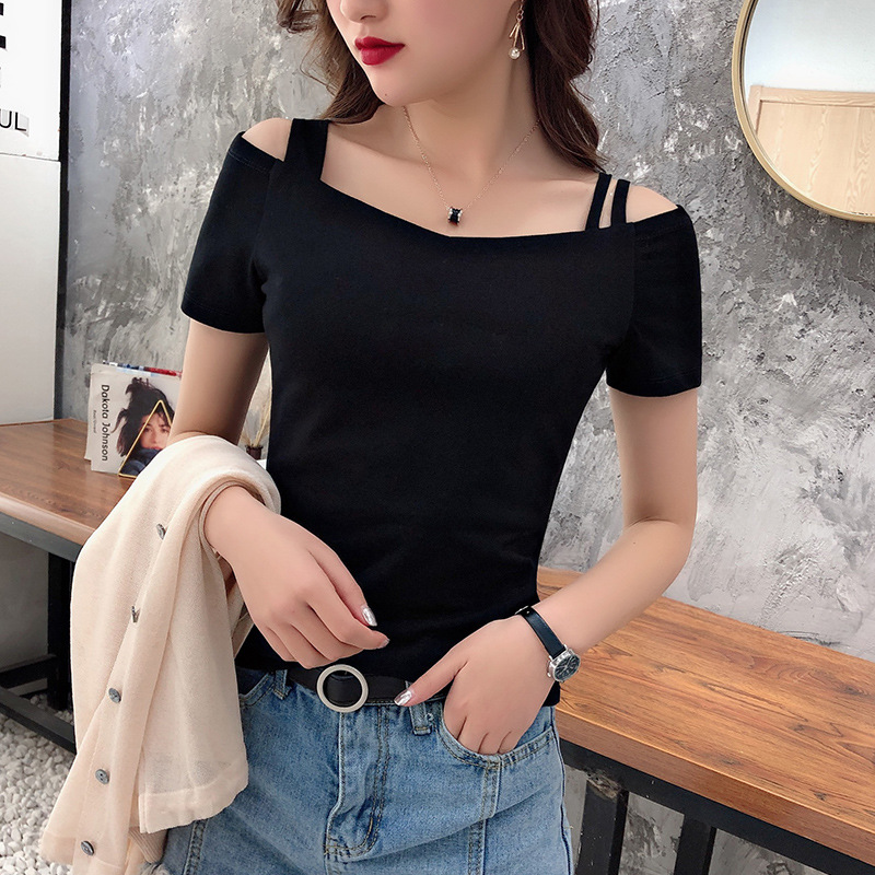 黑色一字肩v领短袖t恤女ins潮露肩性感吊带小心机漏锁骨紧身上衣