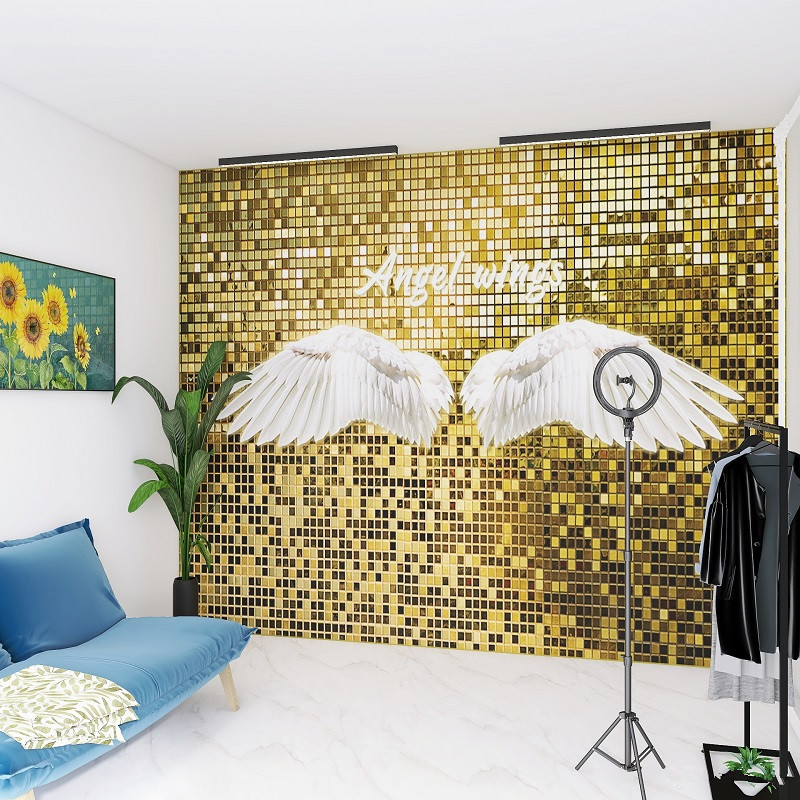3d网红亮片直播背景墙纸天使翅膀炫彩闪片拍照打卡墙舞蹈室壁纸