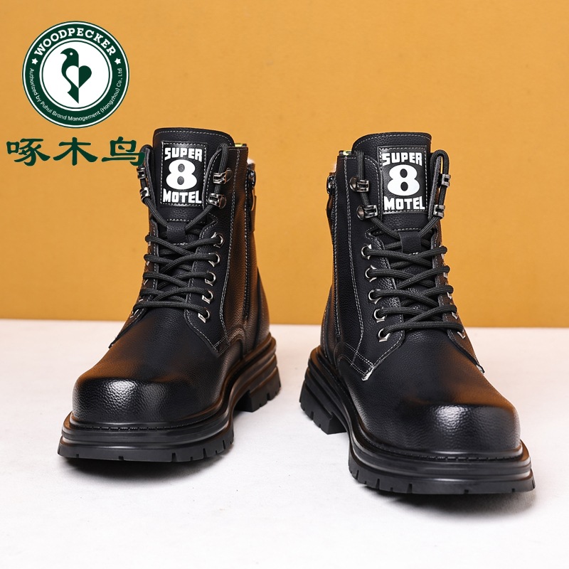 啄木鸟马丁靴男款2023新款真皮高筒皮鞋冬季加绒加厚羊毛保暖棉靴