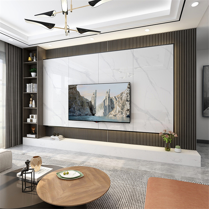 现代简约悬空大理石电视背景墙瓷砖陶瓷大板客厅岩板木格栅影视墙