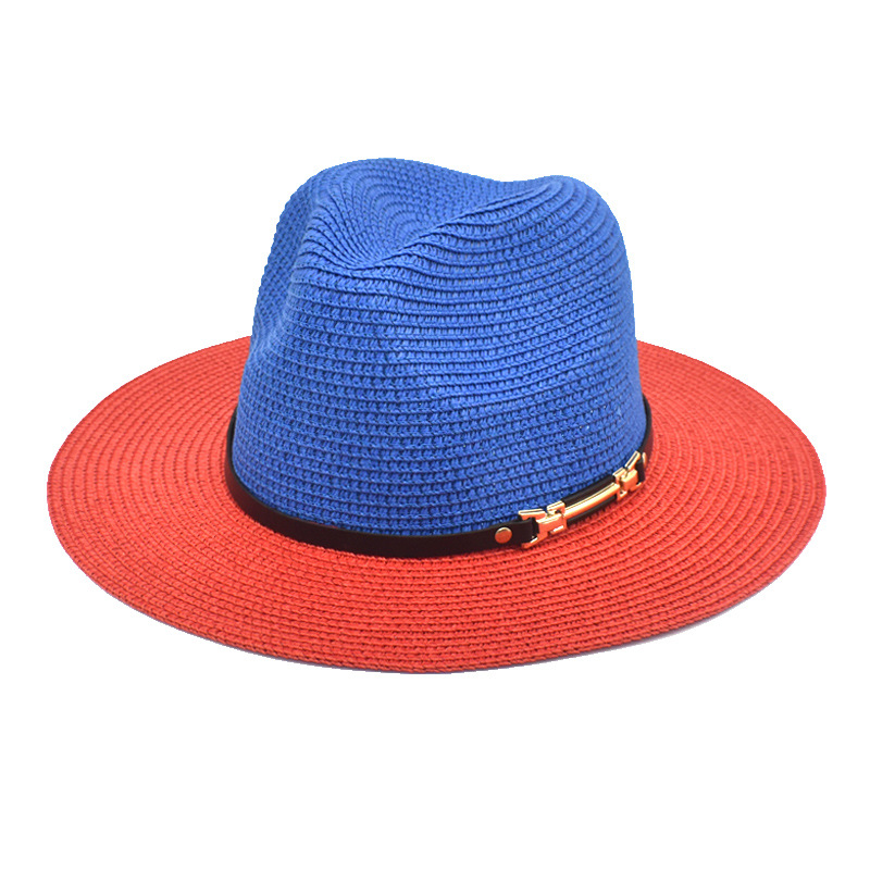 Amazon Men's and Women's New Dual-Color Patchwork Top Hat Straw Hat European and American Fashion Outdoor Sun Protection Sun Hat with Wide Brim Straw Hat