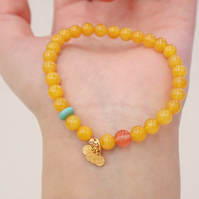 天然蜜蜡手链5.9mm搭配925银平安喜乐镀古法金手串中国风南红配饰