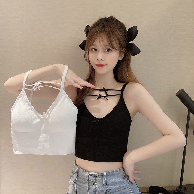 甜美蝴蝶结少女吊带背心内衣女百搭带胸垫裹胸美背修身抹胸上衣女