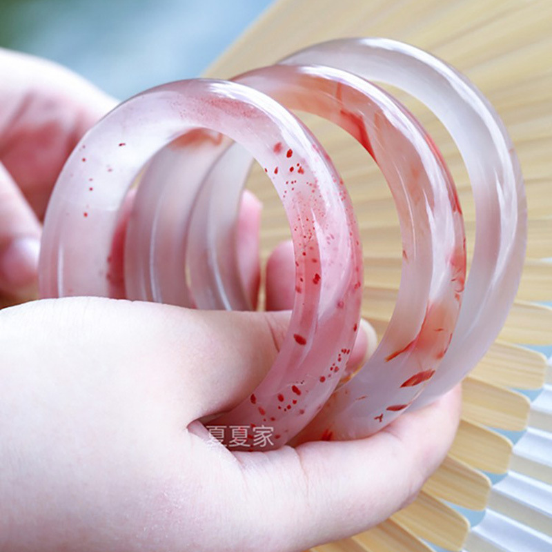 凉山南红玛瑙手镯天然女正品荔枝冻飘花细条高冰飘玉镯子叮当贵妃