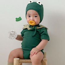 22韩版春秋套头衫绿色青蛙三角爬棉有帽可拆通用婴幼童哈衣爬爬服