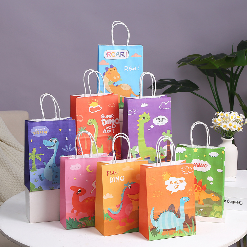 Kraft Paper Shopping Bag Dinosaur Handbag Printed Cartoon Dinosaur Kraft Paper Bag Gift Bag Party Supplies