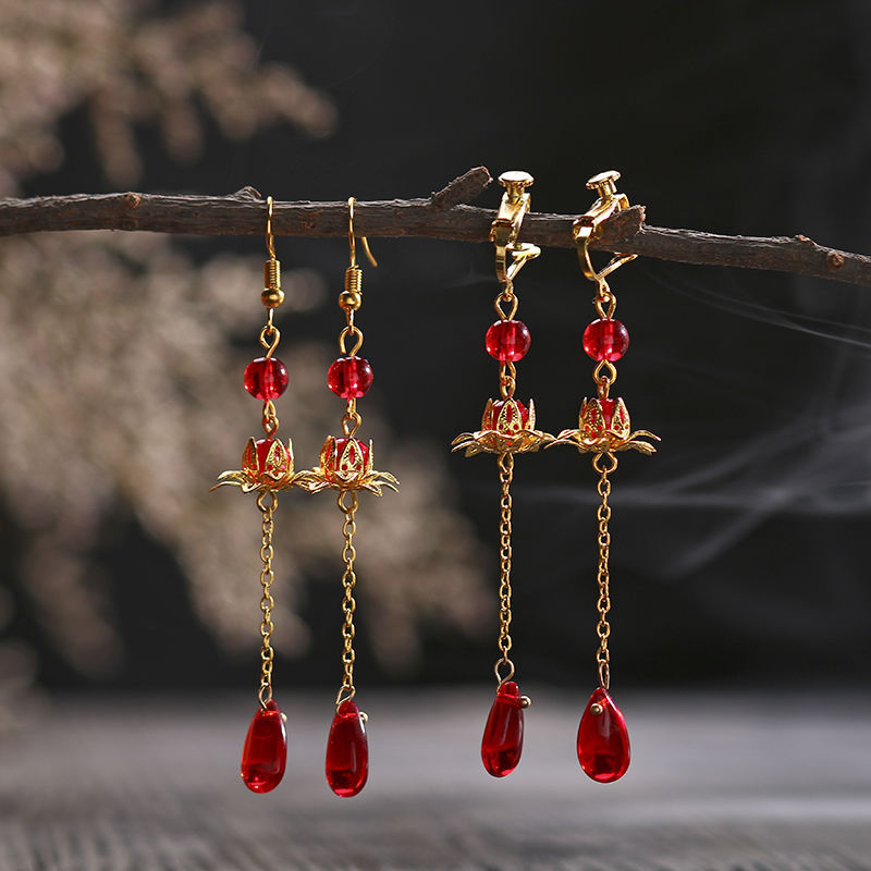 汉服耳饰古风莲花耳环仙中国风复古长款流苏耳坠无耳洞耳夹女生