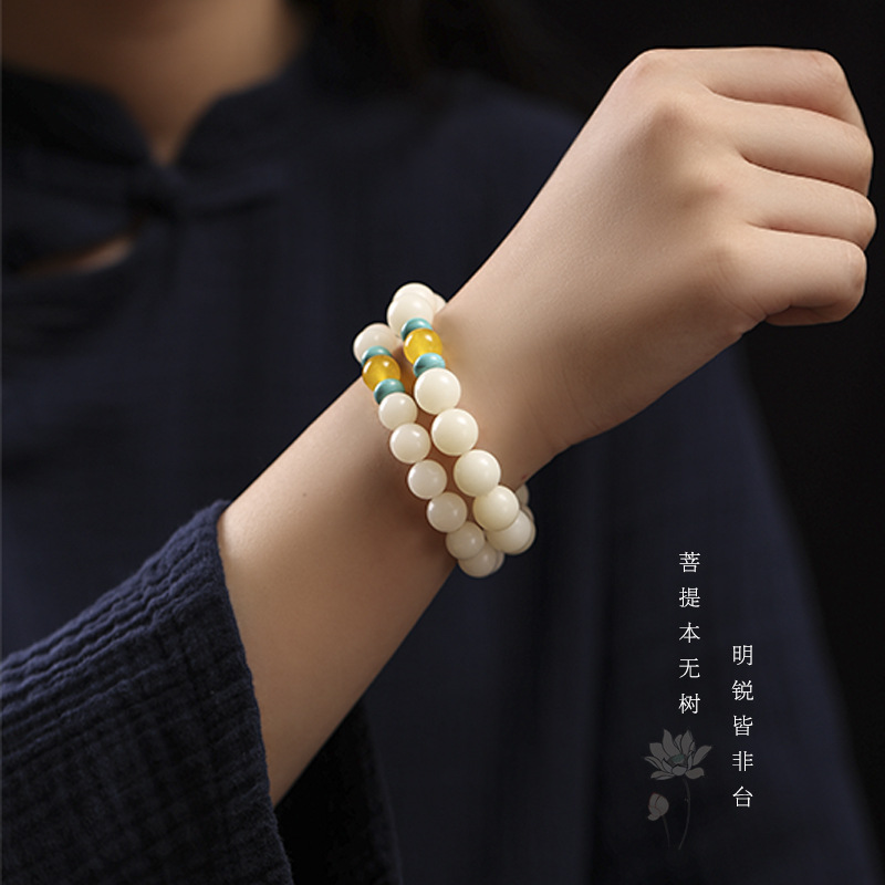 Original Ecology White Jade Bodhi Artistic and Ancient Style Single Circle Bracelet DIY Fresh and Refined Women's Collectables-Autograph Rosary Plate Bracelet