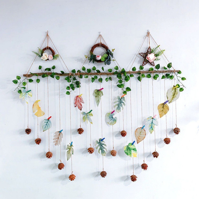 家居壁饰墙上挂照片手工麻绳树枝松果客厅墙饰房间室内相片墙装饰