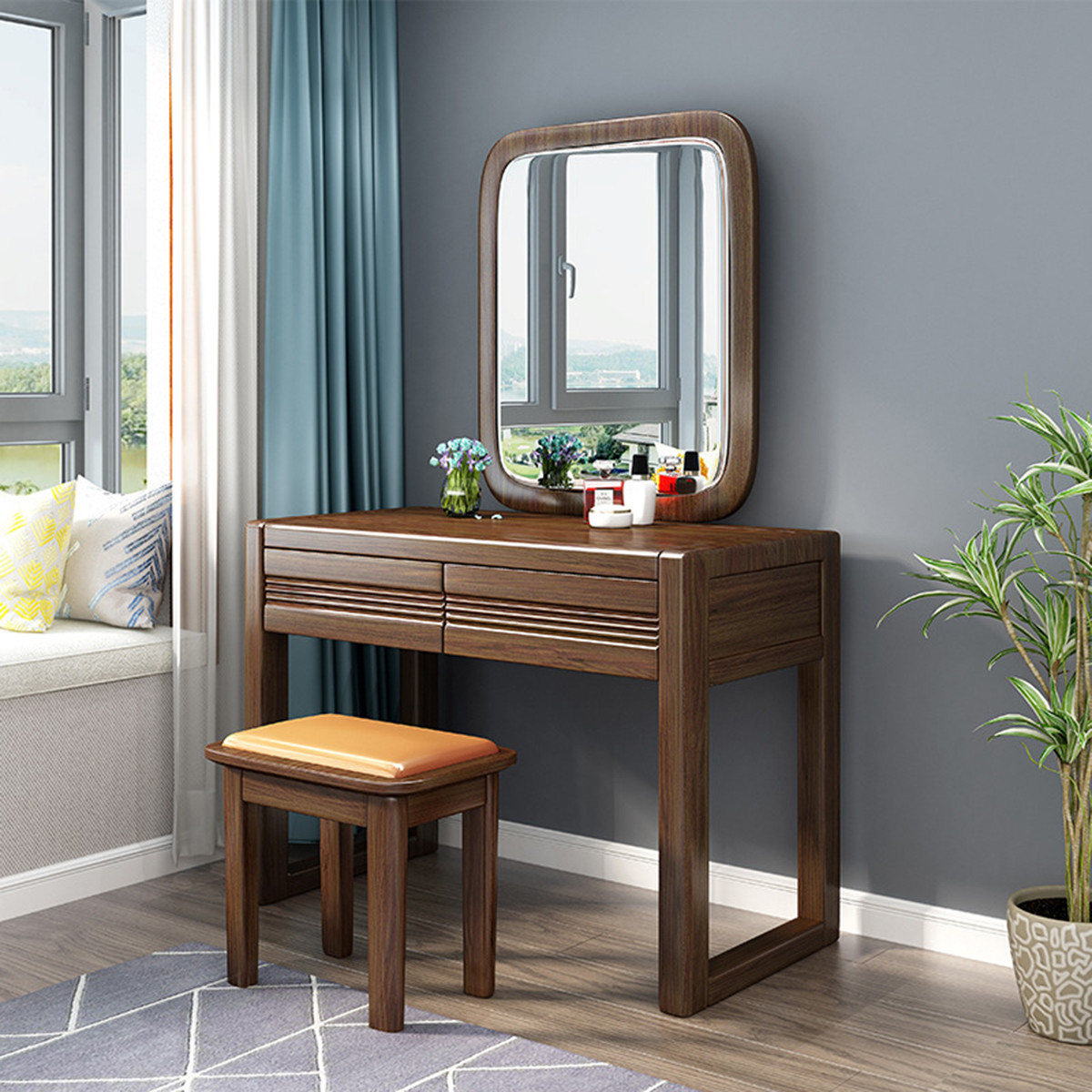 全实木化妆桌白蜡木北欧轻奢卧室大小户型带镜子胡桃色环保梳妆台