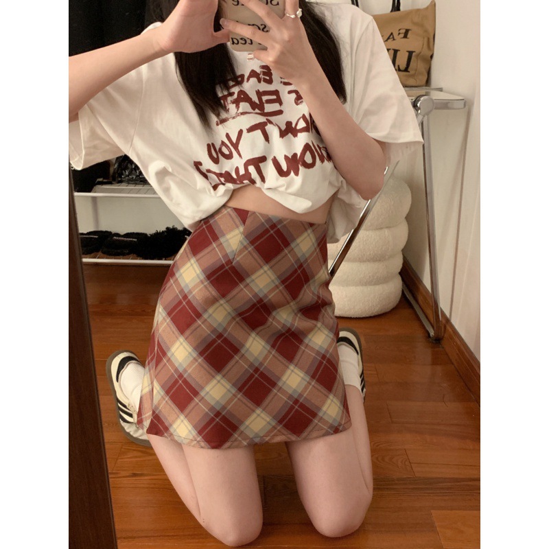2024春夏复古甜辣妹半身裙格子高腰复古小个子a字包臀裙短裙女