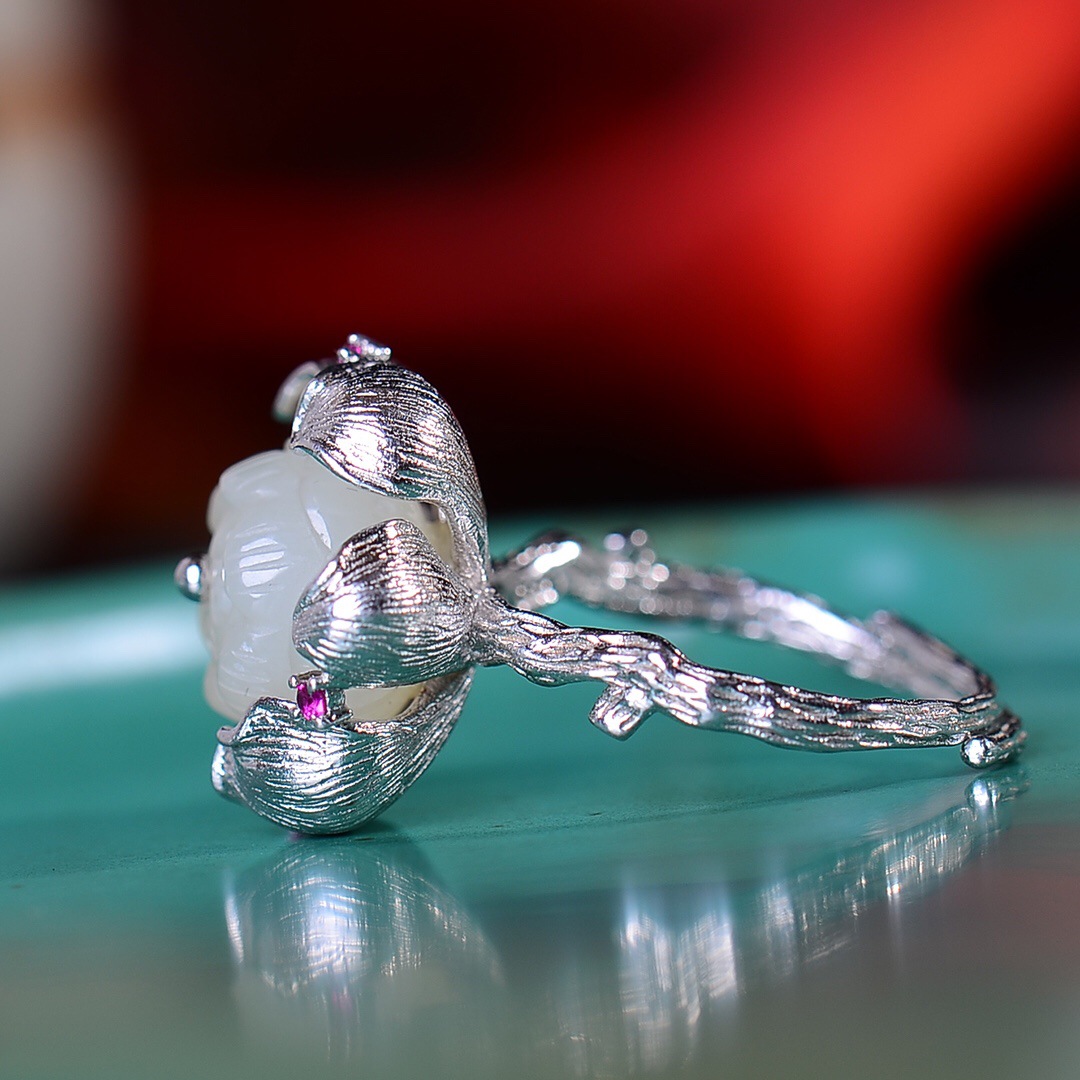 s925银嵌保真和田玉平安扣戒指925纯银玉戒指平安扣简约百搭女戒