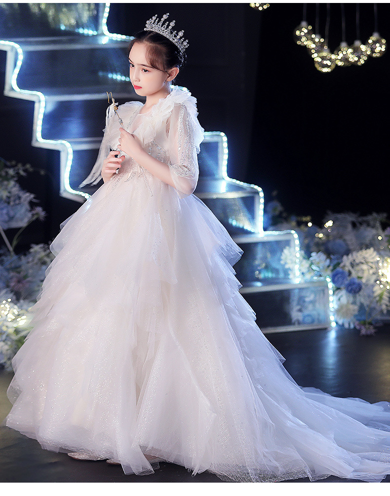 花童婚礼小女孩礼服女童拖尾公主裙高端小主持人女孩钢琴演出服冬