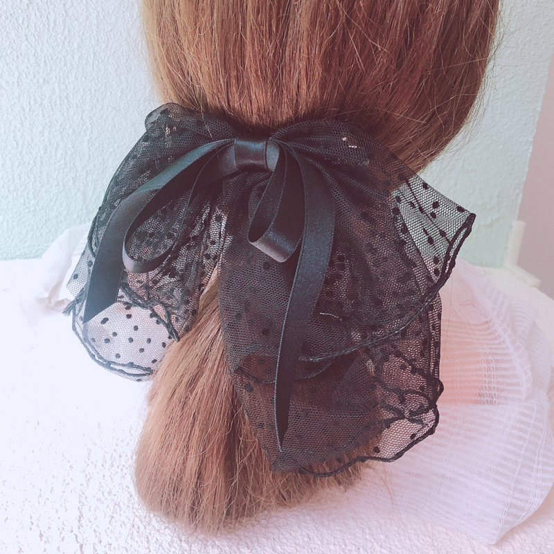 春夏新款少女超仙黑网纱大蝴蝶结发夹发箍网红ins头顶发饰弹簧夹