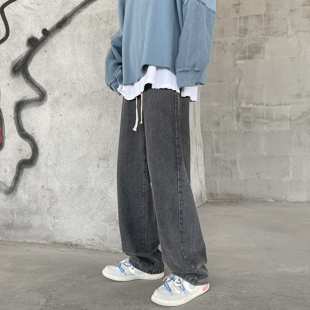 2022 Autumn and Winter Lace Jeans Men's Trendy Student Japanese Ins Hong Kong Style Loose Straight Oversized Slacks