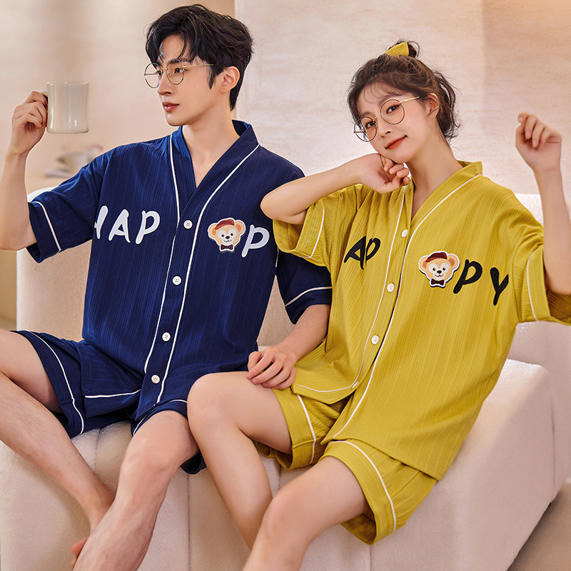 Chun Baifen Cute Couple Pajamas Women's Summer Short Sleeve Shorts Cardigan Men Leisure Set Homewear Can Be Worn outside